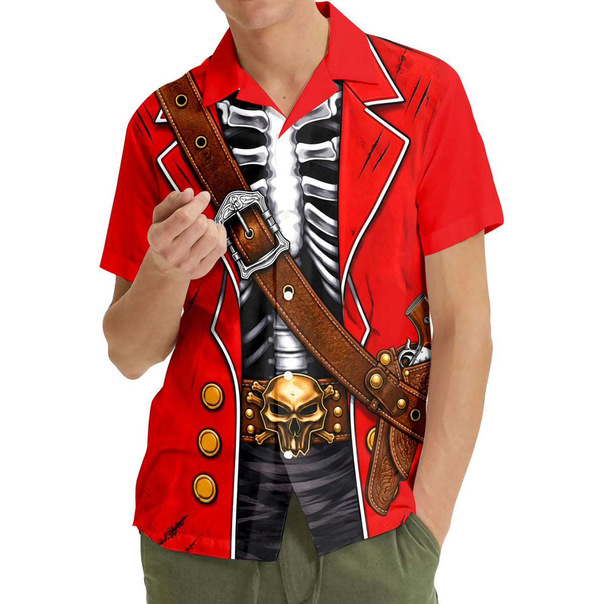 Lifestyle view of someone wearing the matching family hawaiian shirts with pirate theme