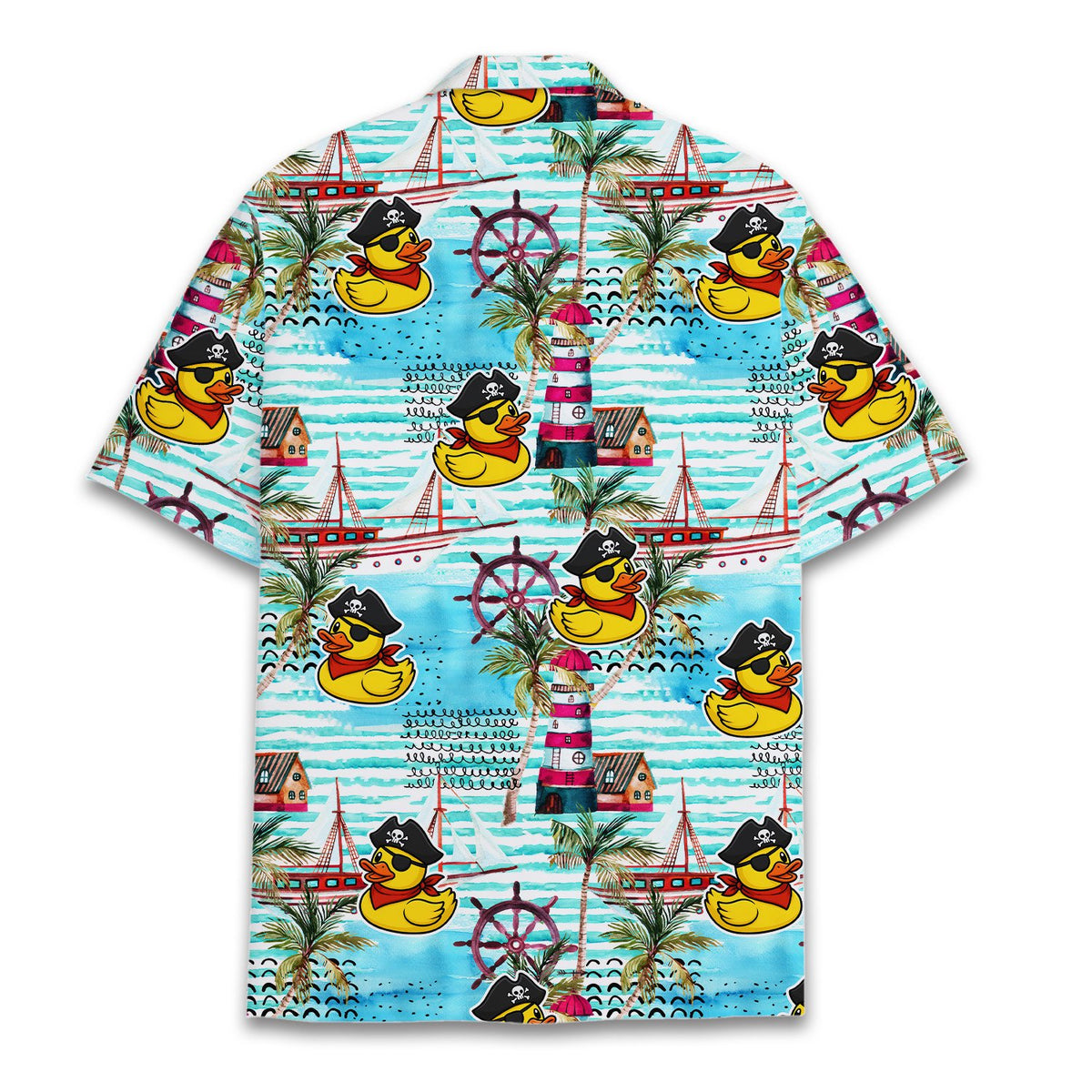 Back view of the blue watercolor striped pirate duck hawaiian shirt