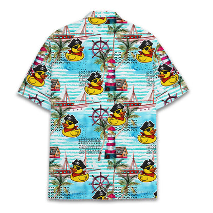 Back view of the blue watercolor striped pirate duck hawaiian shirt