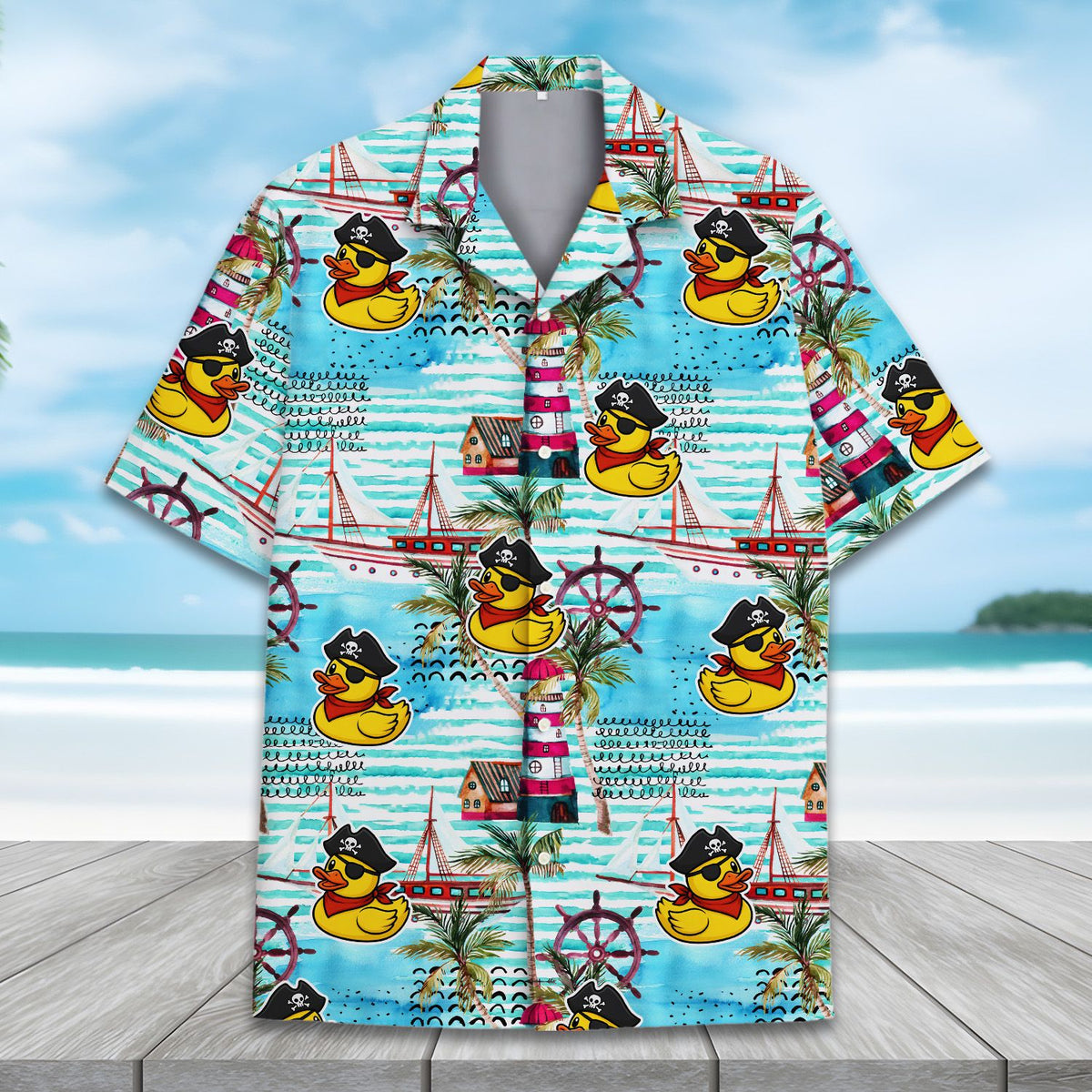 Pirate duck hawaiian shirt featuring rubber ducks and sailboats on a blue background