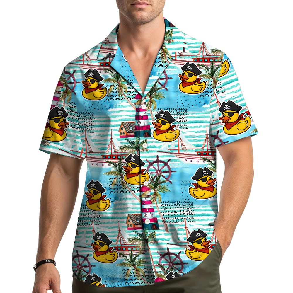 Lifestyle view of a family wearing pirate duck hawaiian shirts