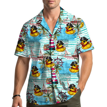 Lifestyle view of a family wearing pirate duck hawaiian shirts