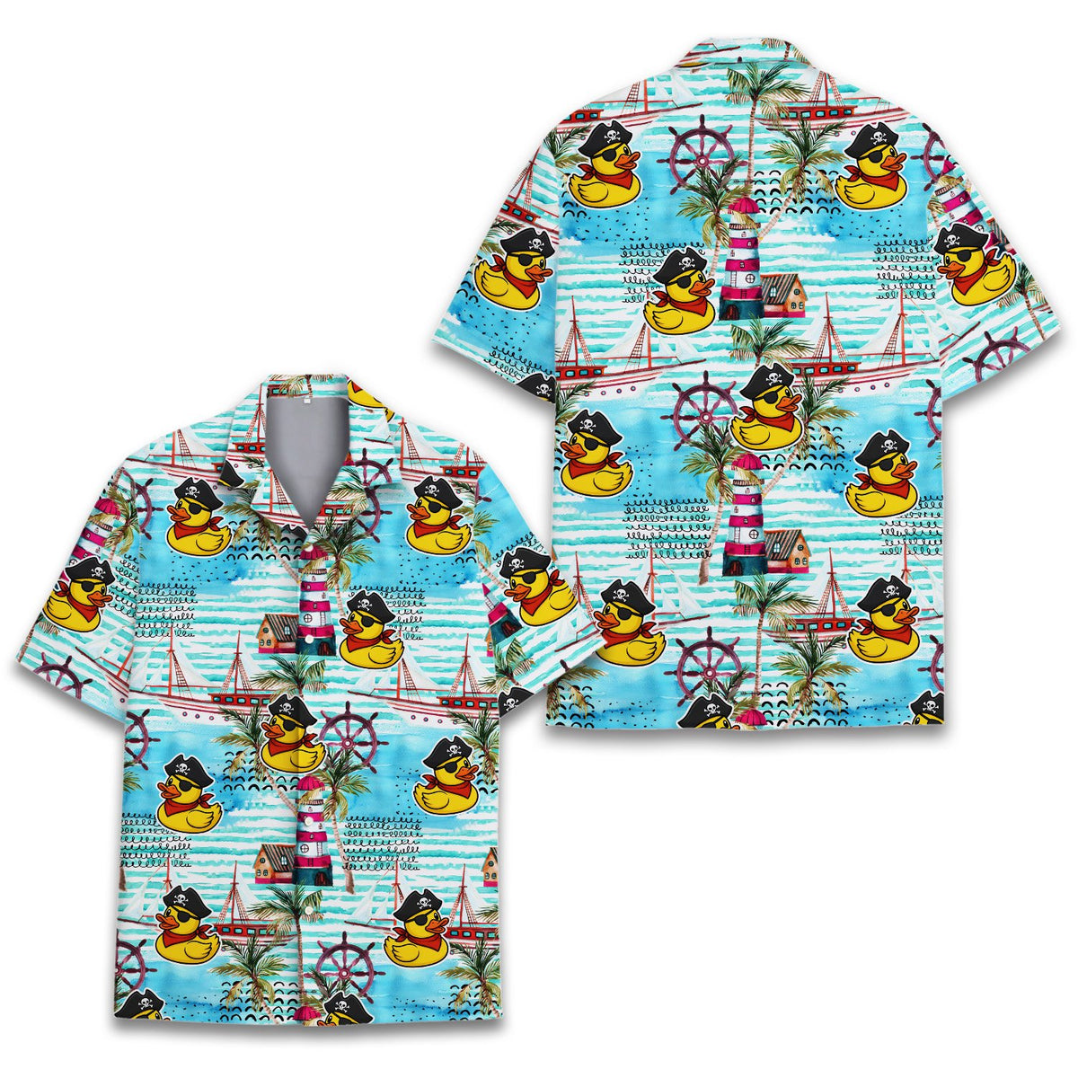 Close up view of the pirate rubber duck print on the hawaiian shirt