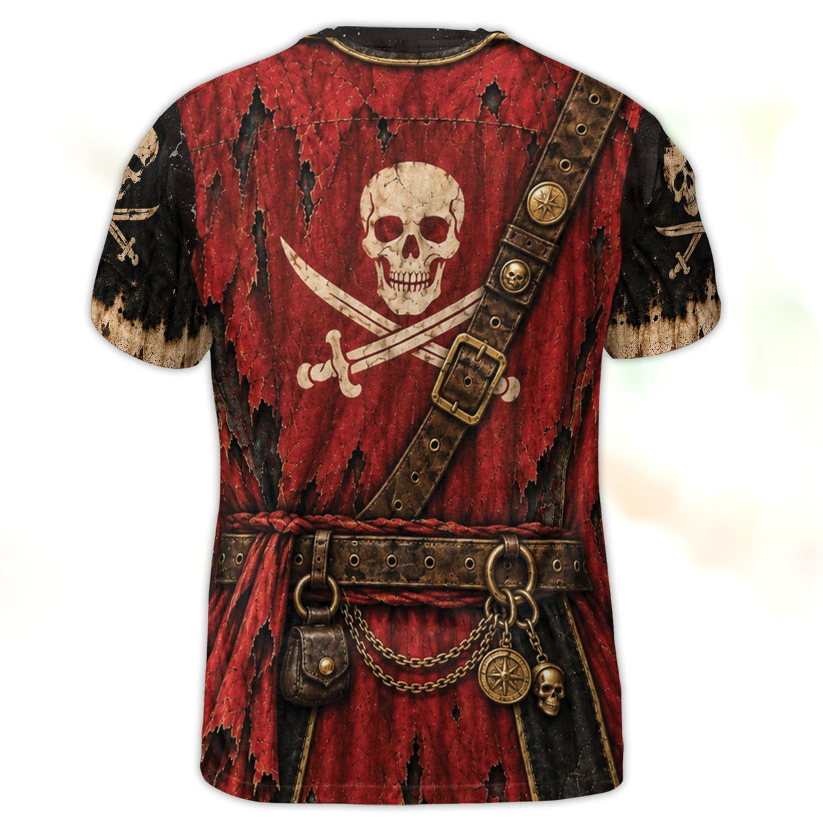 Back view of the matching family hawaiian shirts showing a torn red flag with a skull and crossed swords graphic