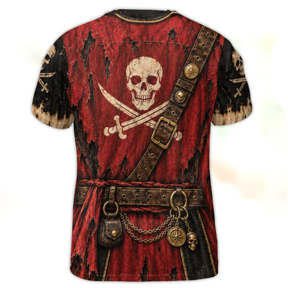 Back view of the matching family hawaiian shirts showing a torn red flag with a skull and crossed swords graphic