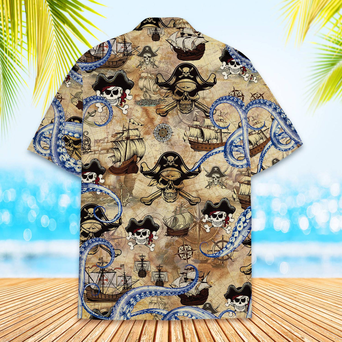 Detailed back view of the pirate treasure map hawaiian shirt in beige and brown