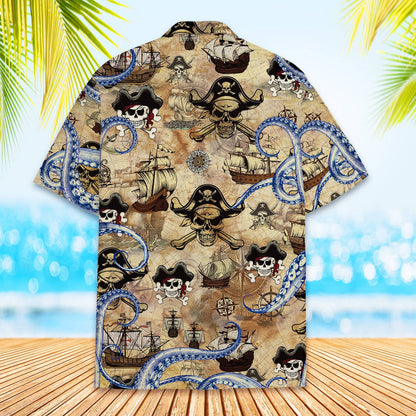 Detailed back view of the pirate treasure map hawaiian shirt in beige and brown