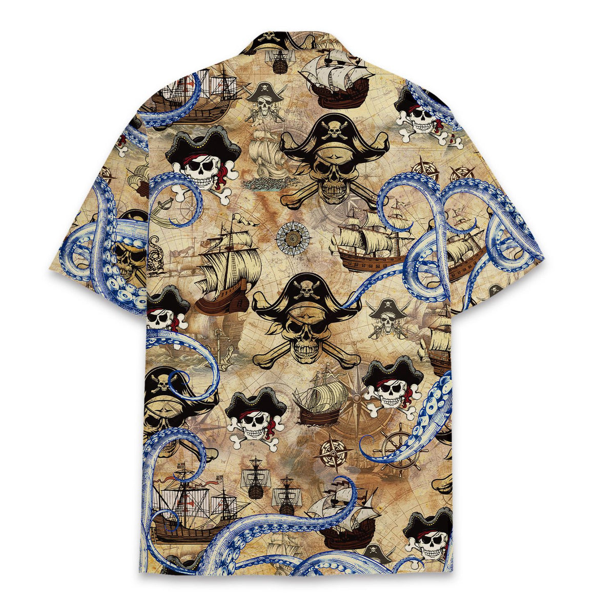 Back view of the hawaiian pirate shirt displaying the old sailing ships and crossed bones