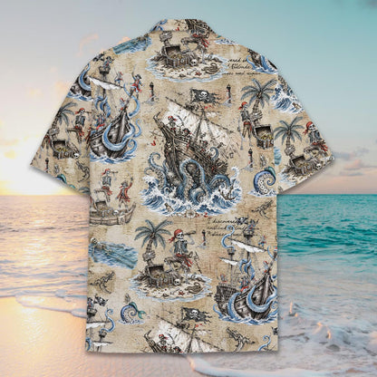 Back view of the beige pirate hawaiian shirt featuring a giant octopus graphic