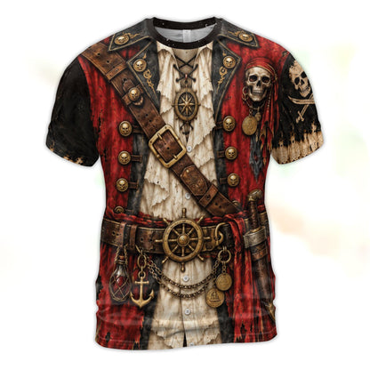 Front view of the faux costume pirate hawaiian shirt night featuring a 3D printed red vest, belts, and skull buttons