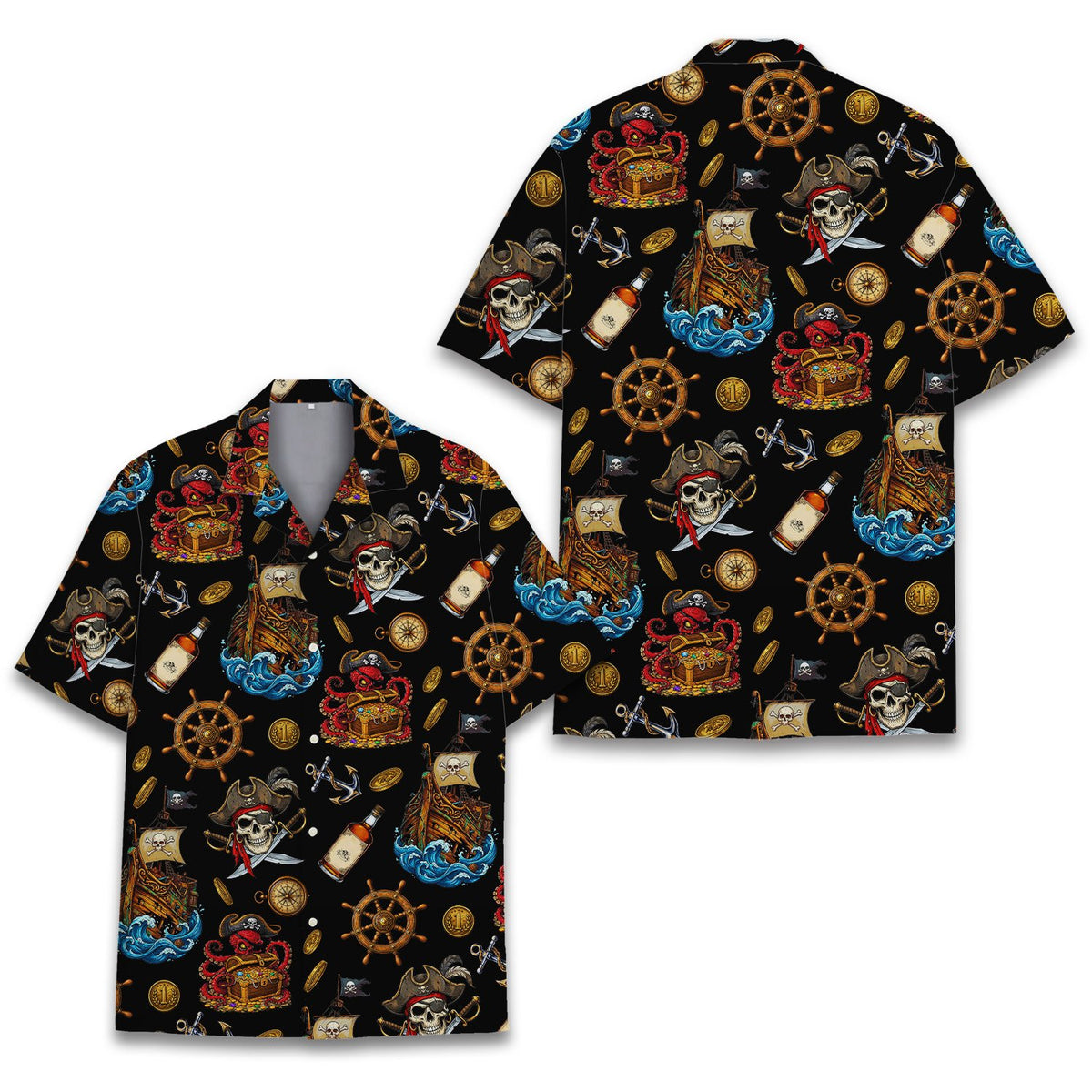 Close up front view of the pirate hawaiian shirt detailing ships and anchors