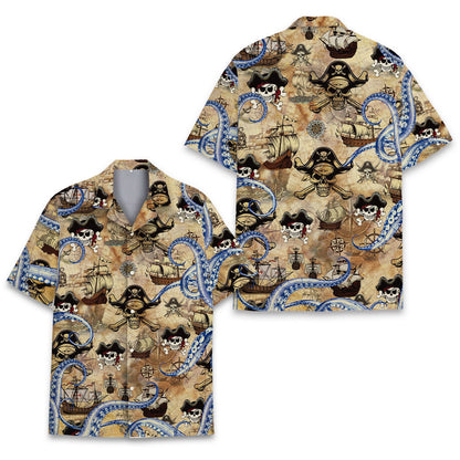 Detailed front view of the matching family hawaiian shirts highlighting the blue octopus design