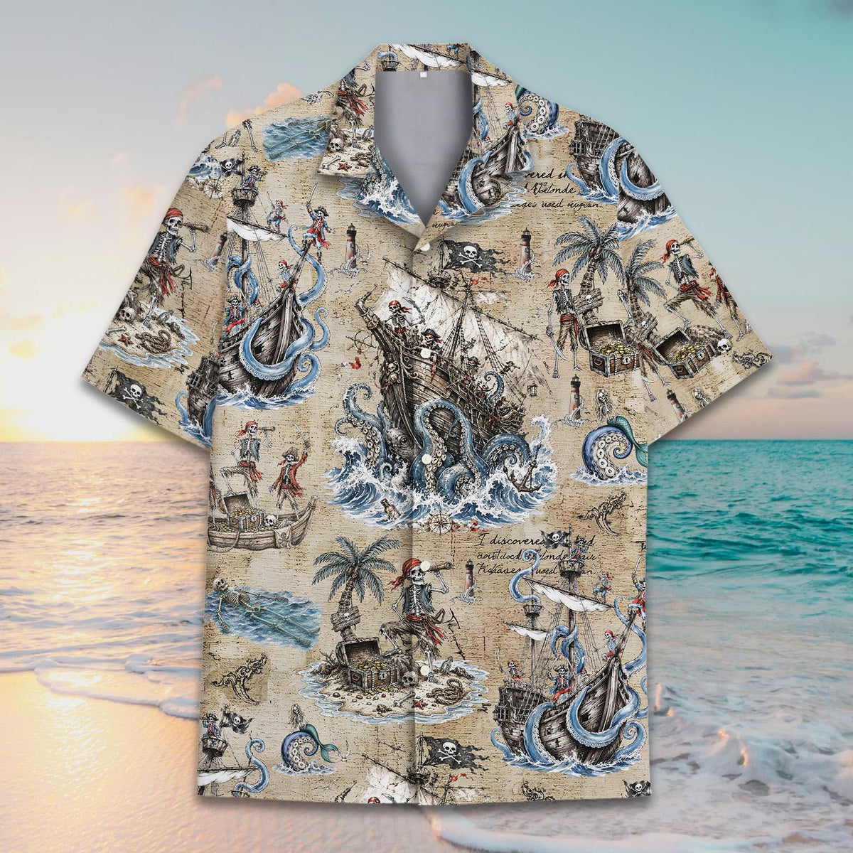 Alternate front view showing collar and button details of the pirate shirt