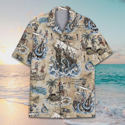 Alternate front view showing collar and button details of the pirate shirt