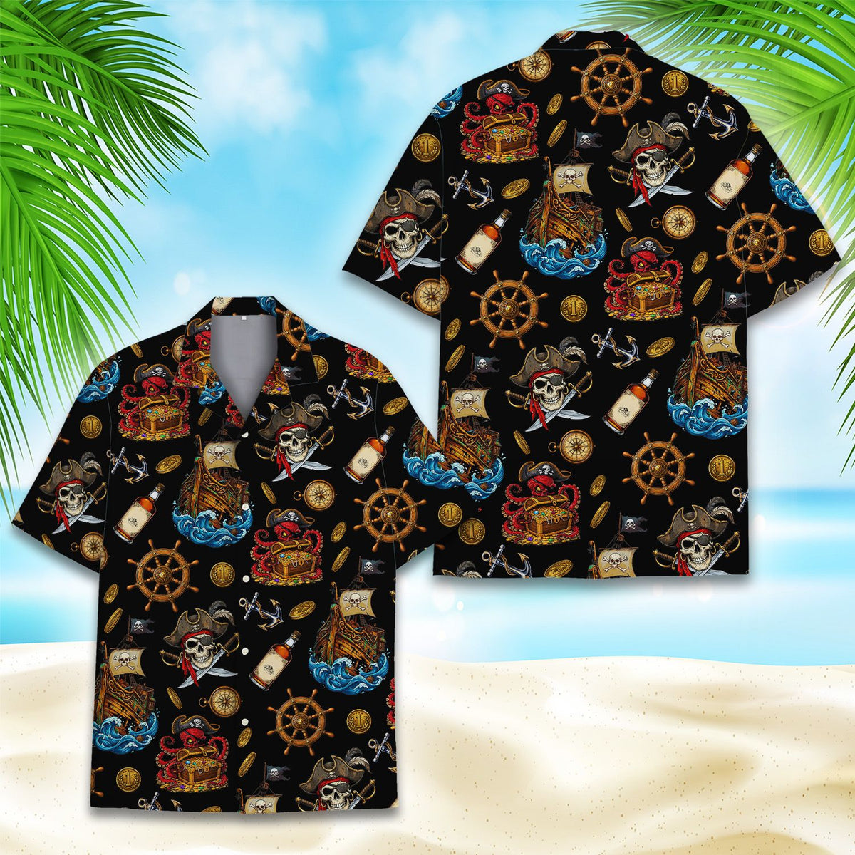 Detailed front view showing red octopus and gold coins on the hawaiian shirt
