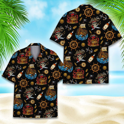 Detailed front view showing red octopus and gold coins on the hawaiian shirt