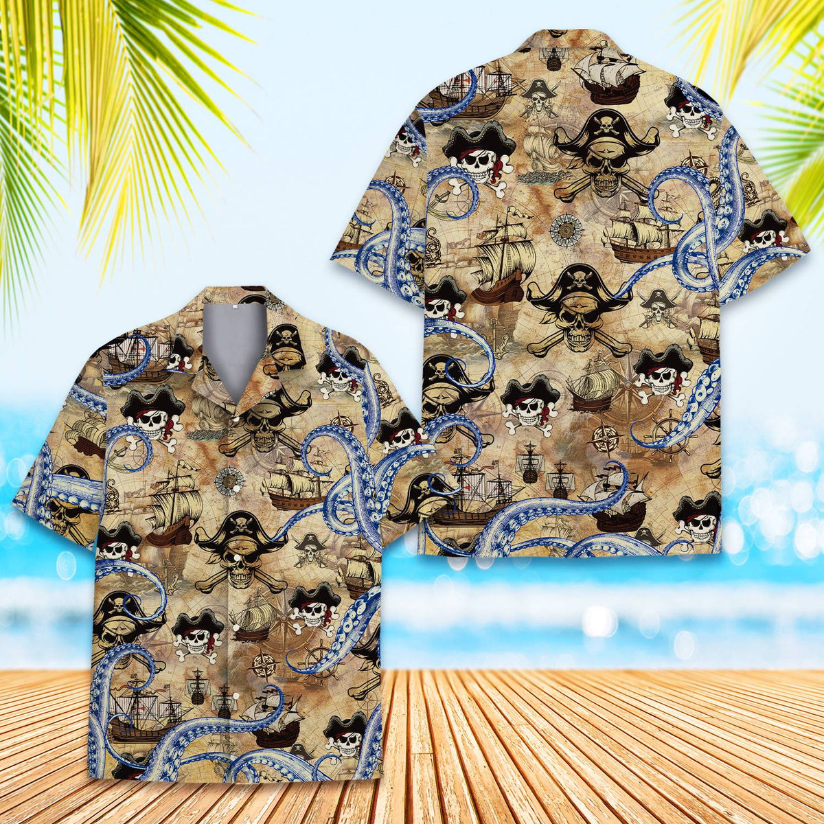 Close-up front view of the vintage treasure map pattern on the pirate shirt