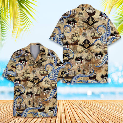 Close-up front view of the vintage treasure map pattern on the pirate shirt