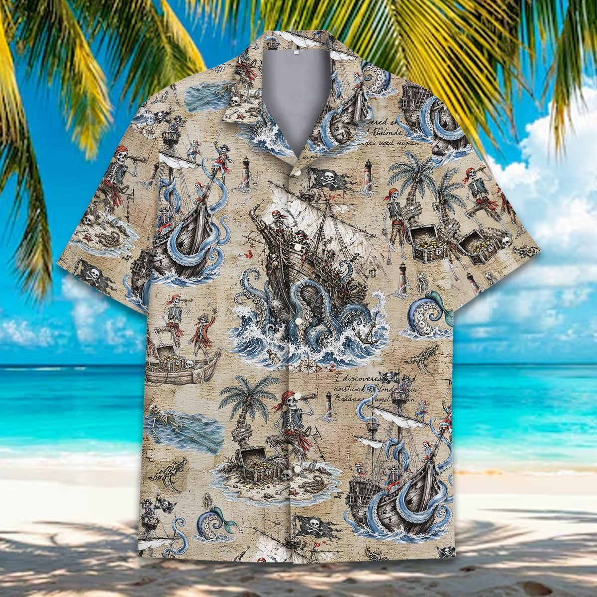 Full front view of the matching family pirate hawaiian shirt