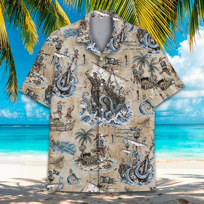 Full front view of the matching family pirate hawaiian shirt
