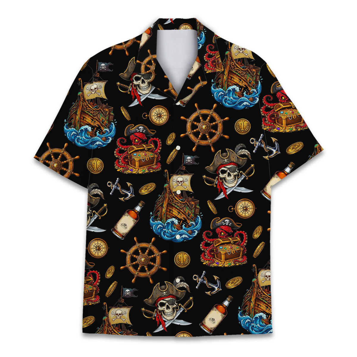 Front view of the black pirate hawaiian shirt with skulls and treasure chests