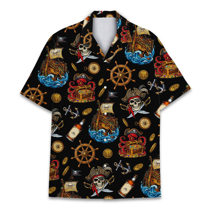 Front view of the black pirate hawaiian shirt with skulls and treasure chests