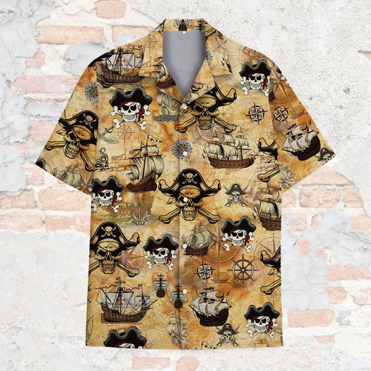 Main view of the pirate hawaiian shirt featuring a vintage treasure map design