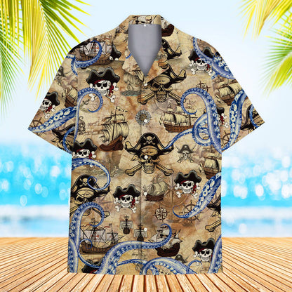 Main view of the beige hawaiian pirate shirt featuring a vintage treasure map and octopus tentacles