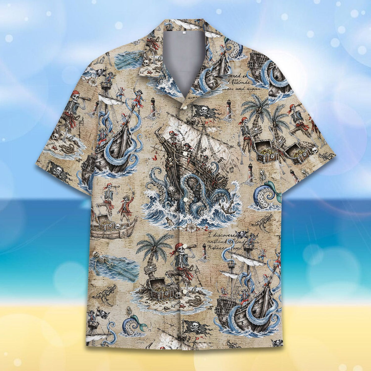 Front view of the beige pirate hawaiian shirt