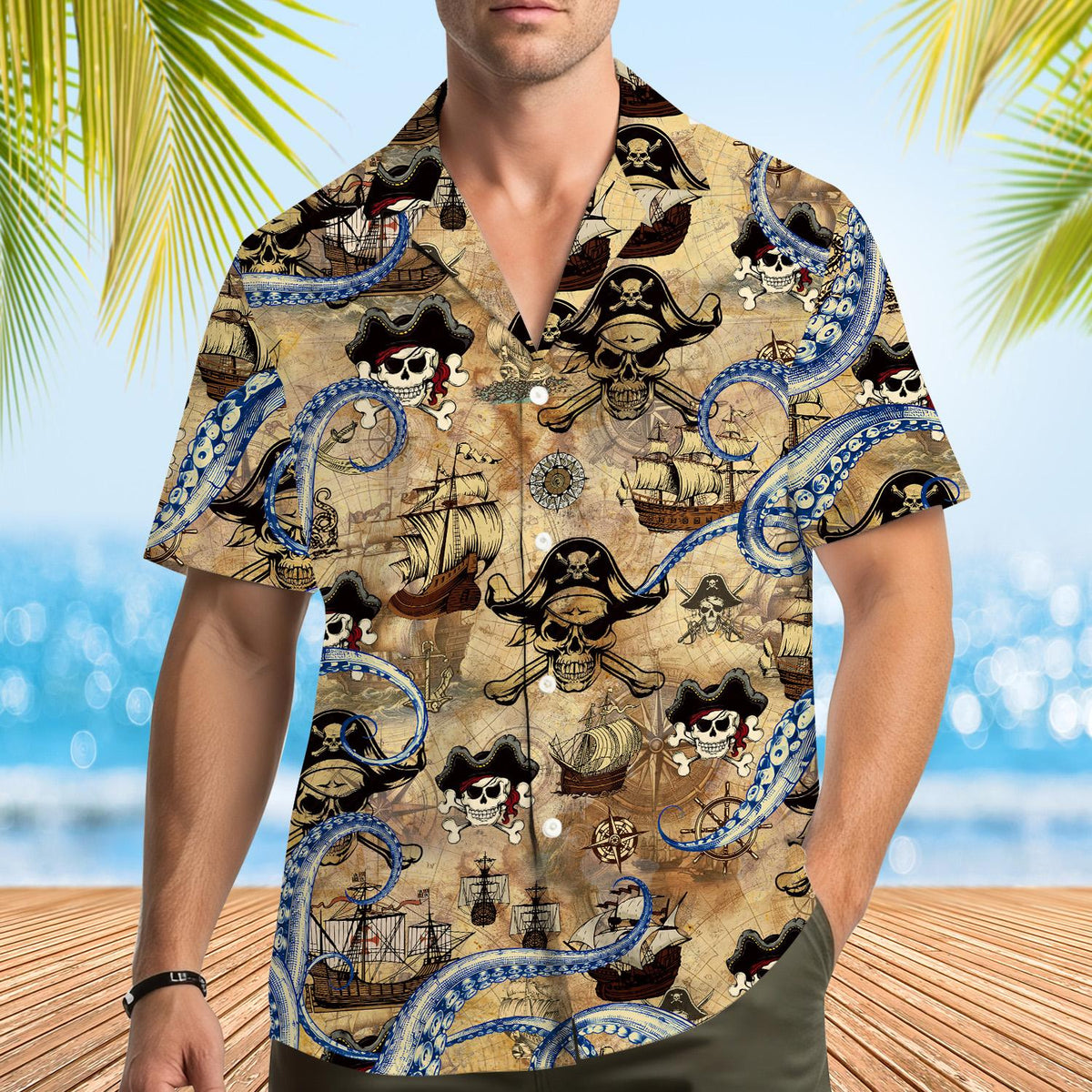 Second lifestyle view showing the comfortable fit of the pirate hawaiian shirt