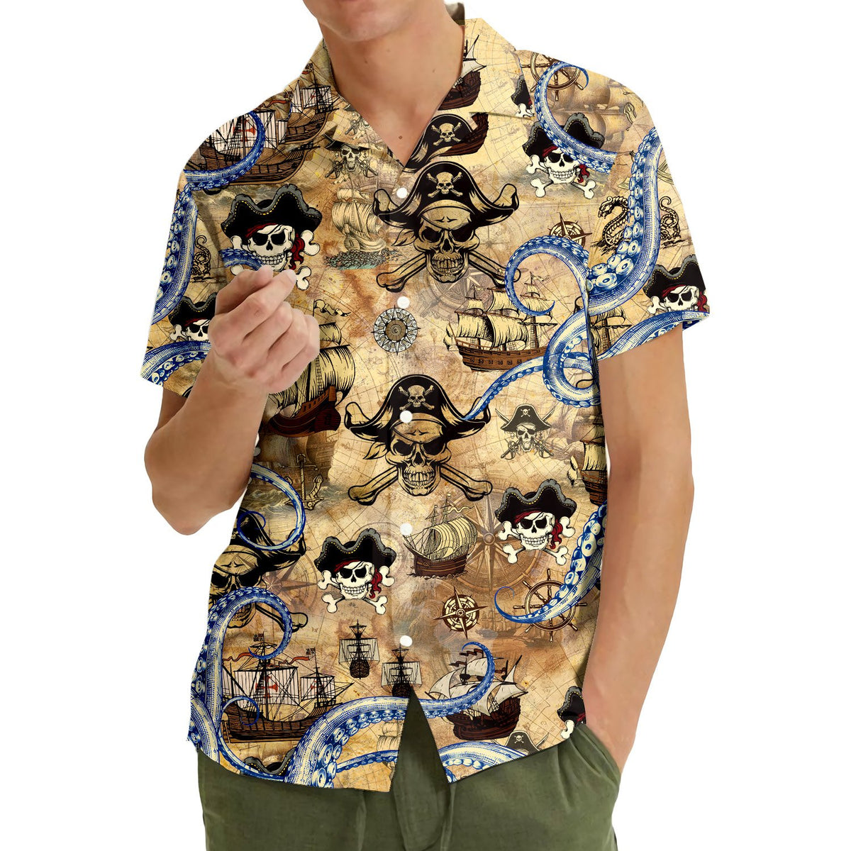 Third lifestyle view of the hawaiian pirate shirt in an outdoor setting