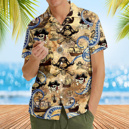 Fourth lifestyle view highlighting the vibrant blue octopus and skull design on the beige shirt