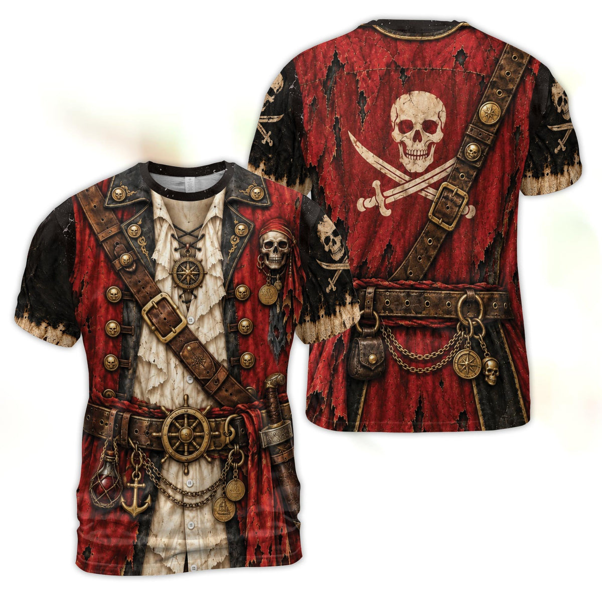 Angled view of the hawaiian pirate shirt displaying the realistic 3D ruffled shirt and chains design