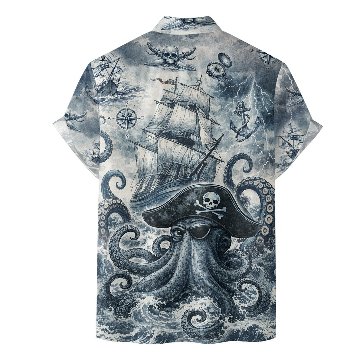 Back view of the navy pirate hawaiian shirt