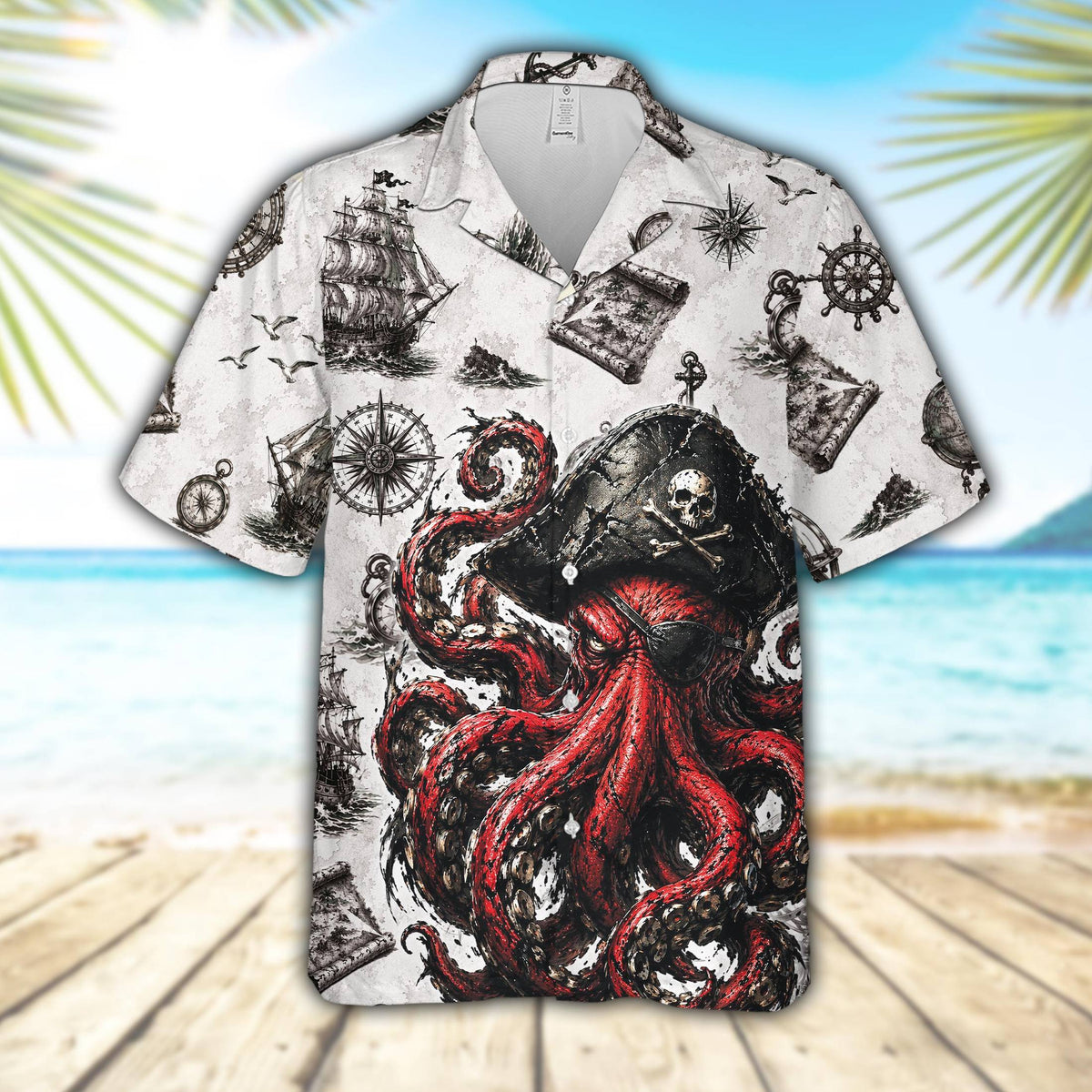 Main view of the pirate octopus hawaiian shirt featuring a red octopus and nautical maps on a white background