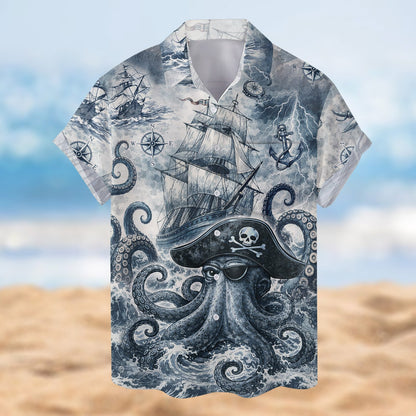 Alternate front view of the monochrome blue pirate hawaiian shirt