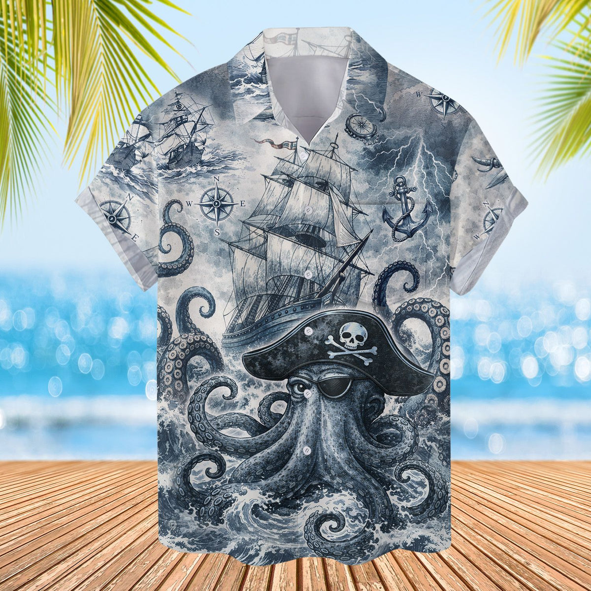 Close up front view of the octopus and stormy sea pattern