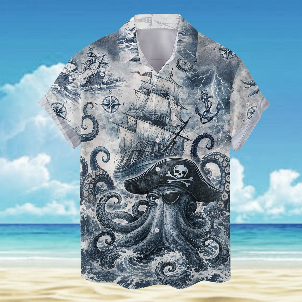 Main view of the navy pirate hawaiian shirt featuring an octopus and ship design