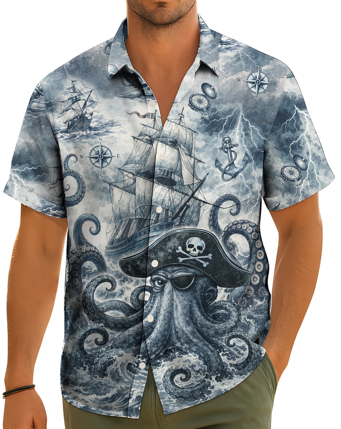 Lifestyle view of a person wearing the pirate octopus hawaiian shirt
