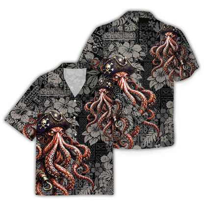 Pirate octopus tribal hawaiian shirt with black background and red octopus design, front view
