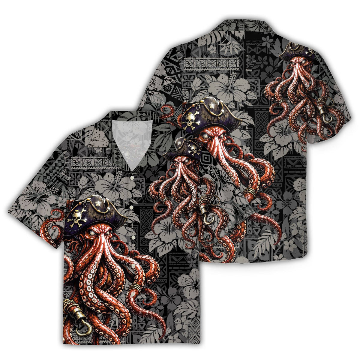 Pirate octopus tribal hawaiian shirt with black background and red octopus design, main view