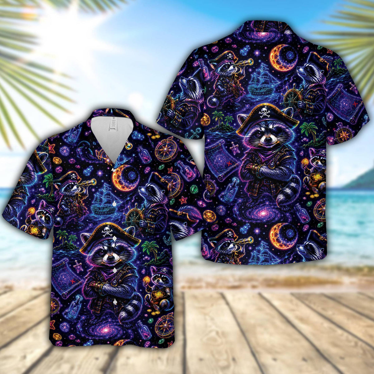 Pirate raccoons hawaiian shirt with cosmic space and pirate ship elements on a navy background
