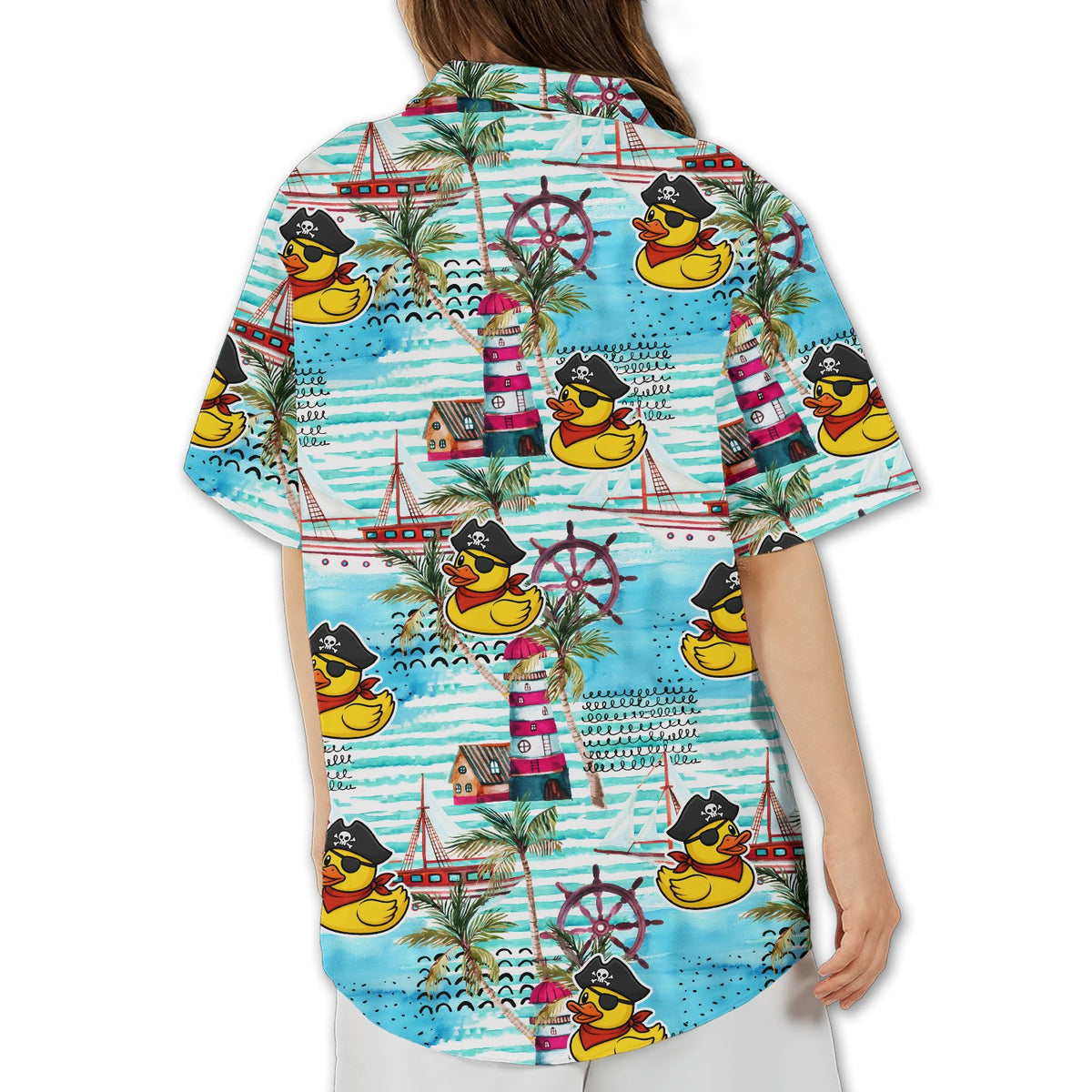 Alternate back view of the pirate rubber duck hawaiian shirt showing the repeating pattern