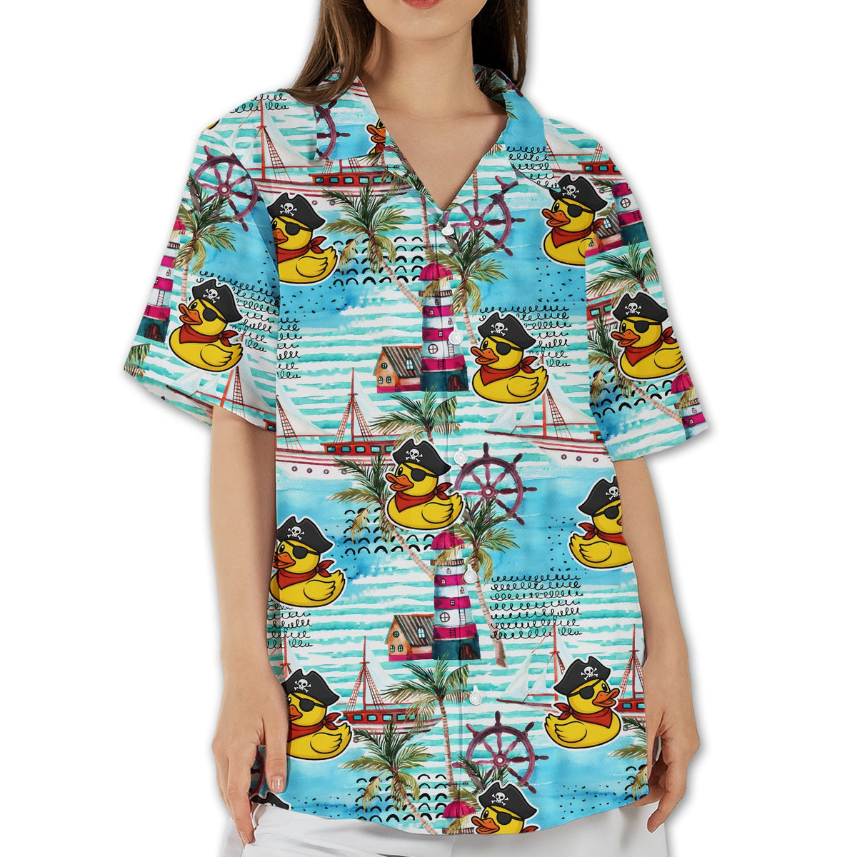 Main view of the pirate rubber duck hawaiian shirt featuring light blue stripes and nautical elements