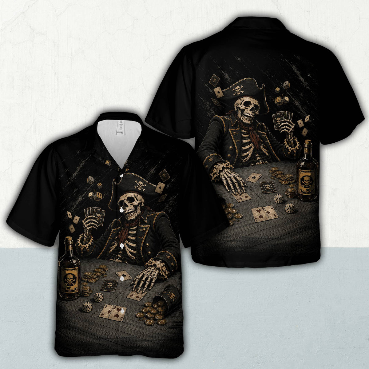 Skeleton hawaiian shirt tattoo style featuring a pirate gambling with gold coins, front view