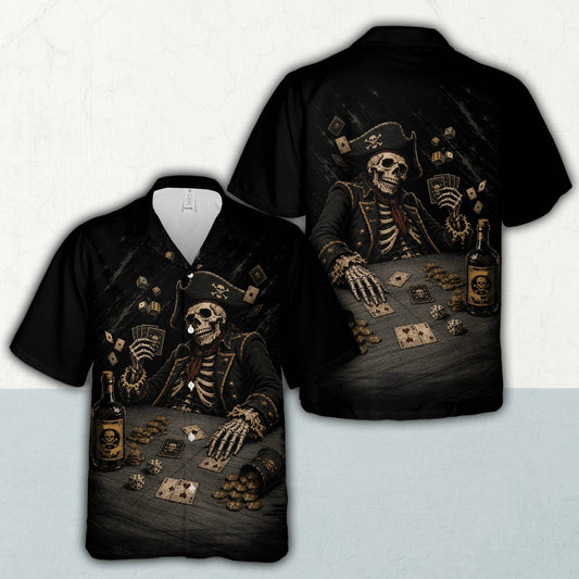 Skeleton hawaiian shirt tattoo style featuring a pirate gambling with gold coins, front view