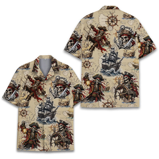 Main view of the pirate skeletons hawaiian shirt featuring a vintage maritime map background