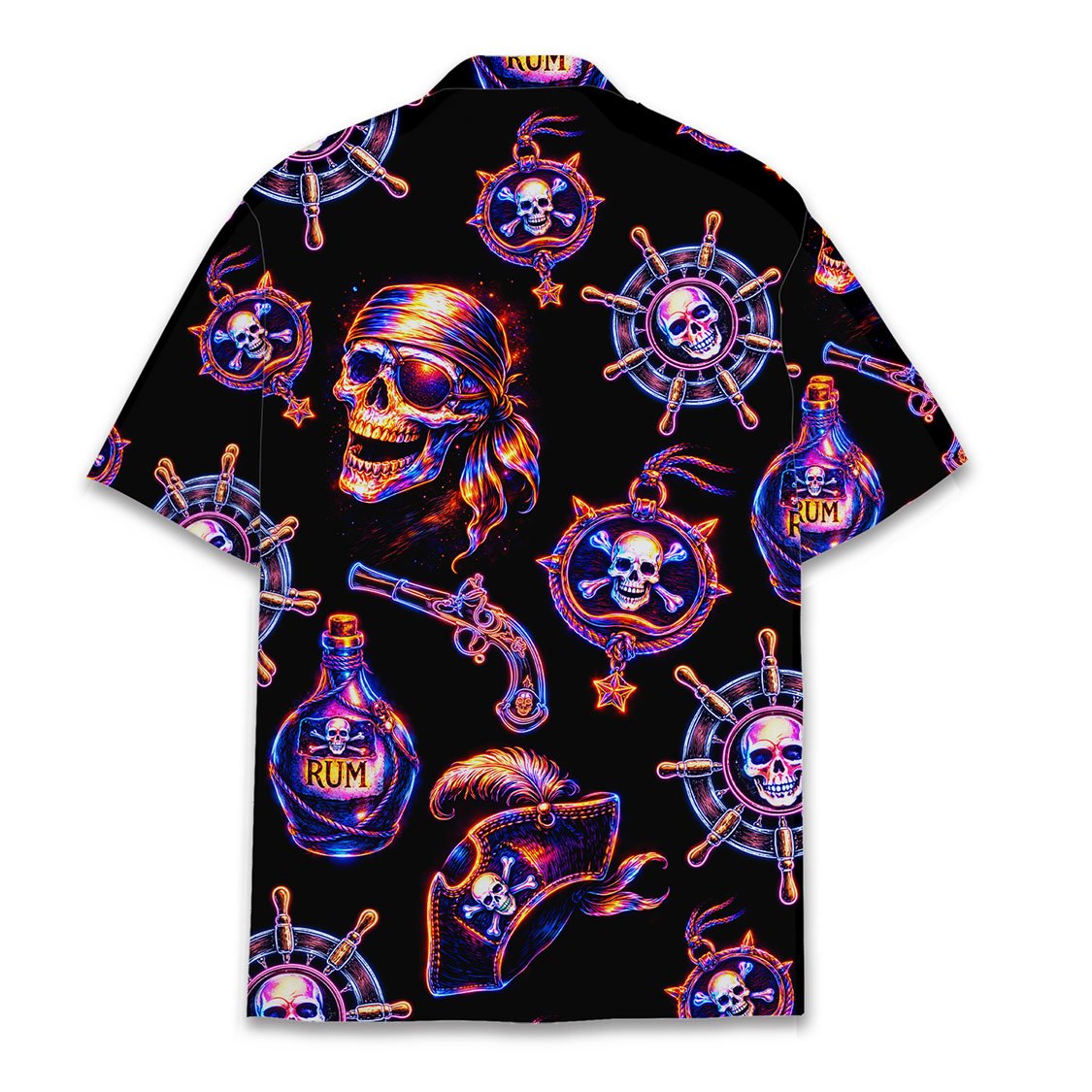 Back view of the black pirate hawaiian shirt showing all-over print