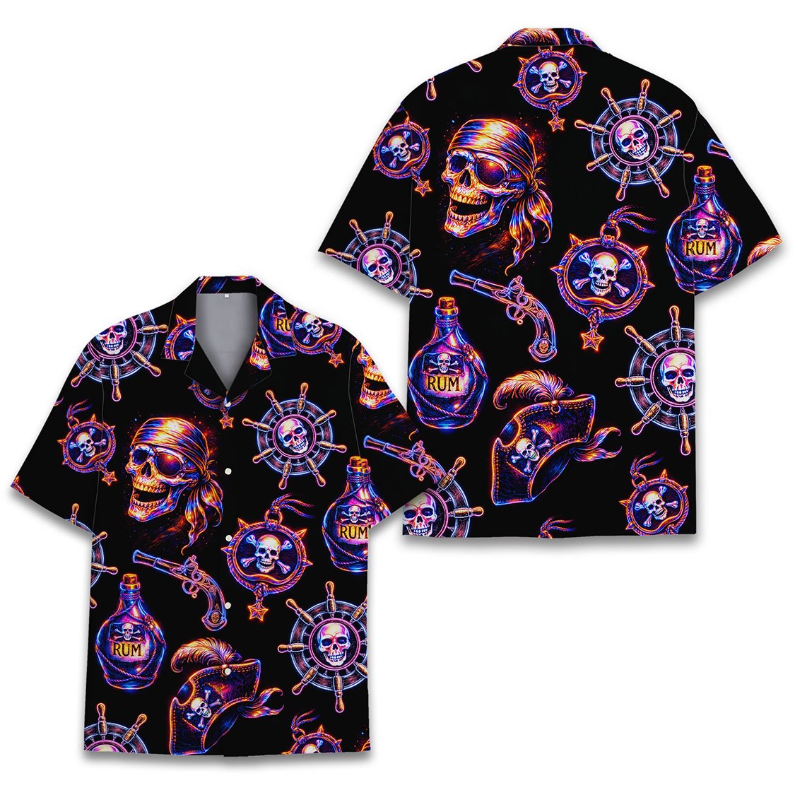 Close up front view of the pirate skull hawaiian shirt design details