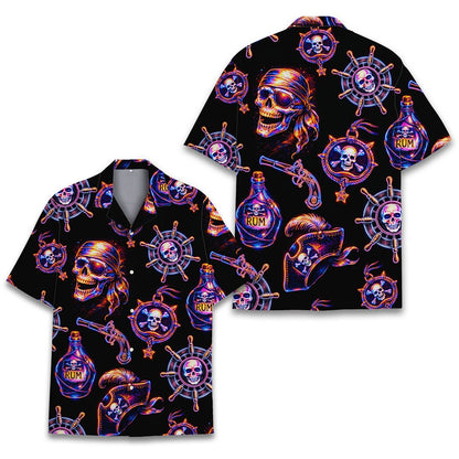 Close up front view of the pirate skull hawaiian shirt design details